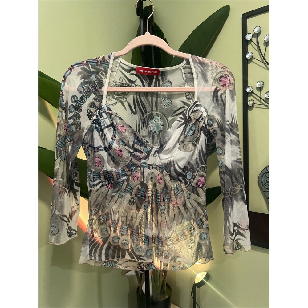 Angelo MARANI Women 3/4 Sleeve  Top See Through Mesh Blouse Size Medium